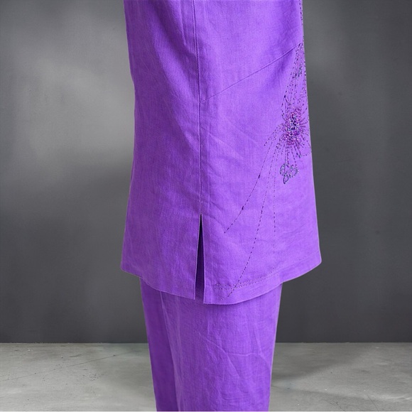 Purple Three-Piece Women's Linen Pant Set with Embroidered Shell and Jacket - Picture 10 of 12